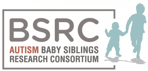 BSRC acronym with text: Autism Baby Siblings Research Consortium. Outline of two children holding hands. 